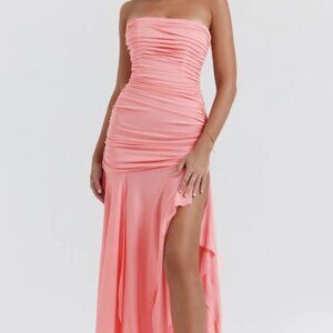 house of cb | ivana apricot gathered asymmetric dress | size m